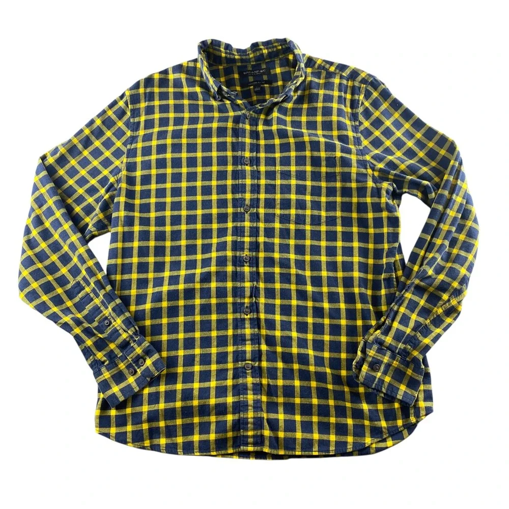 Banana Republic Mens Luxe Flannel Shirt Navy Yellow‎ Plaid Untucked Slim Fit L
